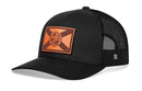 The Haka Hat Florida Flag Trucker Hat features a black leather patch, mesh back, and a bold circular emblem inspired by the Florida Flag. This stylish snapback is part of the signature Haka Hat collection.