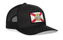 The Haka Hat Florida Flag Trucker Hat in gray-black features a front patch with the state flag and seal, blending iconic detail with classic style in a mesh snapback design.