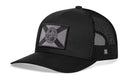 The Haka Hat Florida Flag Trucker Hat by Haka Hat is a black tactical snapback with a mesh back, curved brim, structured front panels, and a front patch featuring a gray X with a circular emblem.