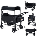 Collage of a black Foldable Wagon Stroller for 2 Kids with Removable Canopy and Adjustable Push Handle from DirectDeals, shown open with canopy, partially folded, and fully folded for storage.