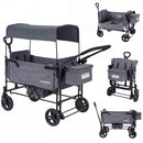 The DirectDeals Foldable Wagon Stroller for 2 Kids with Removable Canopy and Adjustable Push Handle features large wheels, a detachable storage bag, and a 4-mode design. Includes images of various folded/unfolded positions.