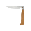 The Messermeister Folding Steak Knife - 4" features a slim stainless steel blade engraved with the Messermeister name and a light brown wood handle, shown open against a plain white background.