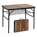 The DirectDeals Folding Camping Table with Adjustable Heights Storage Net & Handle features a rustic wood finish, black metal legs, mesh shelf, and folds into a suitcase for convenient outdoor portability.