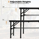 The DirectDeals Folding Camping Table with Adjustable Heights Storage Net & Handle features 28″ and 16″ settings, perfect for outdoor adventures. Shown outdoors with two people by a tent, it’s portable and adventure-ready.