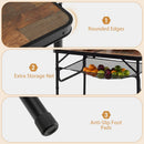 Three features of the Folding Camping Table with Adjustable Heights Storage Net & Handle by DirectDeals: rounded edges, extra storage net for fruit, and anti-slip foot pads—each shown with a numbered close-up on a cream background.