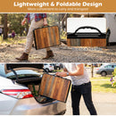 A person carries the DirectDeals Folding Camping Table with Adjustable Heights Storage Net & Handle at a campsite and loads it into a car, highlighting its lightweight, practical handle, and foldable design.