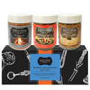 Three jars of SALTOPIA Infused Sea Salts—Hickory Smoke, Authentic Mexican, and Everything Bagel—adorn the Saltopia Gift Set Exclusively for Foodie Fans: FOODIE AFICIONADO, perfect for culinary enthusiasts.