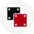 Two square dice, one black showing four white dots and one red showing five white dots, overlap slightly on a plain white background.