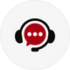Icon of a red speech bubble with three white dots, wearing a black headset, on a white circular background.