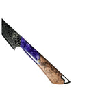The Spaceman Knives Gravity Series Utility Knife by Spaceman Knives features a Damascus pattern black blade and a wood-resin handle with purple and brown swirls, shown isolated on a white background.