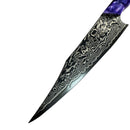 A close-up of the Spaceman Knives Gravity Series Utility Knife by Spaceman Knives, featuring a patterned AUS-10 Damascus steel blade with intricate swirling designs and a purple handle.