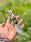 A hand displays the Texan Knives Hunting Knife, featuring a 9" Damascus steel blade and a sheep horn/resin handle, with leather sheath, set against a blurred green outdoor background.