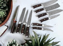 The Texan Knives Best Knife Set features a 13" handmade Damascus steel chef knife with a rosewood handle and leather sheath, elegantly displayed on a white surface among green succulents.