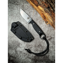 The Spaceman Knives Halimede Fixed Blade Knife with a Micarta handle and lanyard is shown beside its black sheath on a rough gray surface, with textured wood visible in the upper right corner.
