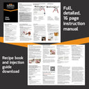 Split image showing the SpitJack PULSE Meat Injector Kit’s instruction manual and guide pages. Text highlights: Comprehensive, 16-page downloadable instruction manual, recipe book, and injection guide included—everything you need to maximize your SpitJack PULSE Meat Injector Kit with Deluxe Case and Four Needles.