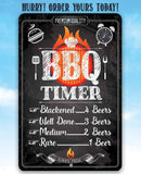BBQ timer sign with humorous beer consumption guidelines on a black background