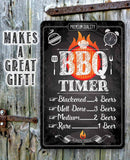 BBQ timer sign with humorous beer consumption guidelines on a rustic wooden background.