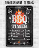 BBQ timer sign with humorous beer consumption guidelines on a tiled wall background