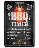 BBQ timer sign with humorous beer consumption guidelines on a dark background