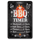 Metal sign with BBQ timer design and humorous beer consumption guidelines.