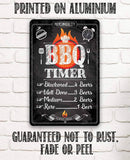 BBQ timer sign with text and graphics on a white brick wall background
