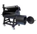 The Old Country BBQ Pits G2 24x48 Offset Smoker with Insulated Firebox is a large black metal commercial smoker on wheels, featuring an open main chamber and insulated firebox with interior grates and shelves for smoking and grilling.