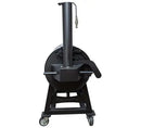 The Old Country BBQ Pits G2 24x48 Offset Smoker with Insulated Firebox is a black, cylindrical grill featuring a tall chimney, side handle, insulated firebox, and wheeled metal frame, shown from the front.