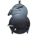 Front view of the Old Country BBQ Pits G2 24x48 Offset Smoker with Insulated Firebox, a black cylindrical grill with two round spring-handle compartments, side vents, and wheels. Brand: Old Country BBQ Pits.
