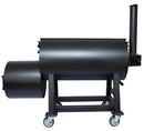 The Old Country BBQ Pits G2 24x48 Offset Smoker features a black metal build, cylindrical cooking chamber, insulated side firebox, vertical smoke stack, and four wheels. Brand: Old Country BBQ Pits.