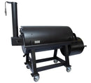 The Old Country BBQ Pits G2 24x48 Offset Smoker with Insulated Firebox is a large black metal smoker on wheels with a cylindrical chamber, vertical smokestack, and round side firebox—ideal for commercial smoking.