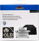 Napoleon Grills’ Prestige® PRO 665 Grill Cover (GACV003) packaging highlights the product name, multilingual info, a warranty badge, close-up of water-resistant fabric, and images of the covered and uncovered PRO 665 grill.