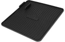 The Napoleon Silicone Drawer Liner for Prestige® PRO 665 by Napoleon Grills is a black silicone mat with raised ridges, two utensil holders, a center logo, and a rectangular shape—ideal for outdoor kitchen drawers or use with your grill.