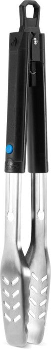 The Napoleon Travel Series Tool Set (GATL001) by Napoleon Grills features silver metal kitchen tongs with slotted tips, black handles, a locking mechanism, and a blue button—perfect for compact or travel grilling tool sets.
