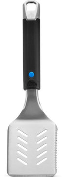 The Napoleon Grills Travel Tool Set (Travel Series GATL001) includes a stainless steel spatula with a black handle, blue button, slotted blade, and serrated edge—perfect for grilling or cooking at home and on the go.