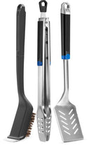 The Napoleon Grills 3-Piece Starter Tool Set Essential Series (GATL002) features a Palmyra bristle grill brush, tongs, and slotted spatula with black and blue handles—ideal for BBQ enthusiasts.