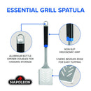 Infographic of the Napoleon Grill Spatula Essential Series (GATL003) by Napoleon Grills, highlighting its aluminum bottle opener, non-slip ergonomic handle, and 3-sided beveled edge. Napoleon Grills logo is displayed at the bottom.