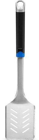 The Napoleon Grills 3-Piece Starter Tool Set (Essential Series, GATL002) includes a stainless steel spatula with a long black handle, blue accent, flat slotted head with angled slots, and serrated edge—ideal for any grilling tool set.
