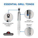 An infographic for the Napoleon Grills Essential Series Grill Tongs (GATL004) showcases close-ups of its key features: a locking mechanism for compact storage, ergonomic non-slip grip, and precision control.