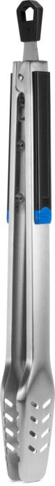 The Napoleon Grills Essential Series Grill Tongs (GATL004) feature stainless steel construction with black and blue accents, shown closed upright against a white background—an essential tool for kitchen or outdoor grilling.