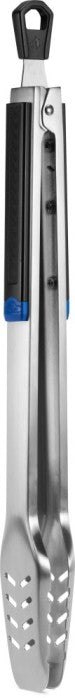 Napoleon Grill Tongs Essential Series (GATL004) by Napoleon Grills, shown closed with black and blue handle and holed stainless steel ends—a perfect barbecue tool for grilling enthusiasts.