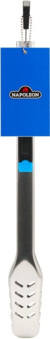 Napoleon Grill Tongs Essential Series (GATL004) by Napoleon Grills, with a black silicone grip and blue tag featuring the brand logo—a versatile barbecue tool ideal for grilling enthusiasts.