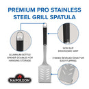 The Napoleon Grills Premium Grill Spatula PRO Series (GATL007) has a stainless steel head, non-slip ergonomic grip, aluminum bottle opener handle, and 3-sided beveled edge for easy flipping.
