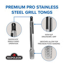 Infographic of Napoleon Grills Premium Grill Tongs PRO Series (GATL008) showing QuickClick single-hand locking, non-slip ergonomic grip, and grooved tips for precise handling. Napoleon Grills logo featured at the bottom.