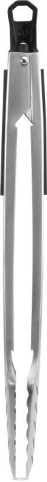 Napoleon Premium Grill Tongs PRO Series (GATL008) by Napoleon Grills, seen from above, feature a black handle, scalloped gripping edges, and the QuickClick locking mechanism.