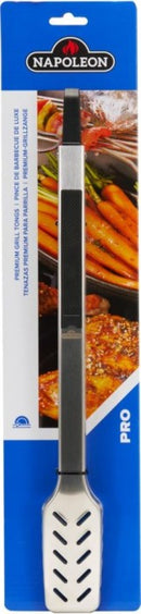 Napoleon Grills' Premium Grill Tongs PRO Series (GATL008) in packaging with a blue PRO label, QuickClick locking mechanism, and food images like grilled carrots and meat.