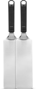 Two Napoleon Grills Griddle Spatulas (GATL011) with long rectangular stainless steel blades and black handles stand upright side by side against a white background.
