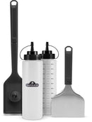 The Napoleon Griddle 4-Piece Cleaning Kit (GATL013) by Napoleon Grills includes a long-handled scraper, two marked squeeze bottles with black lids, and a short spatula—perfect for all your griddle cleaning and maintenance needs.