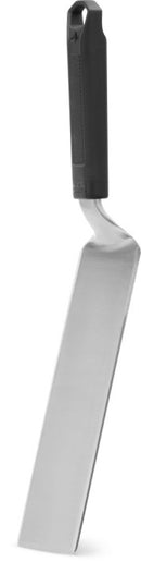 The Napoleon Griddle Spatula for Griddles (GATL014) by Napoleon Grills features a stainless steel, long rectangular blade and a black textured heat-resistant handle with a top hole for hanging.