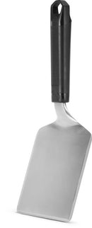 The Napoleon Griddle Burger Spatula for Griddles (GATL015) by Napoleon Grills features a stainless steel, flat rectangular blade with a black handle—ideal for flipping or serving food on the griddle.