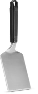The Napoleon Griddle Burger Spatula for Griddles (GATL015) by Napoleon Grills features a stainless steel, rectangular blade and a black plastic handle—perfect for flipping or lifting food while cooking.